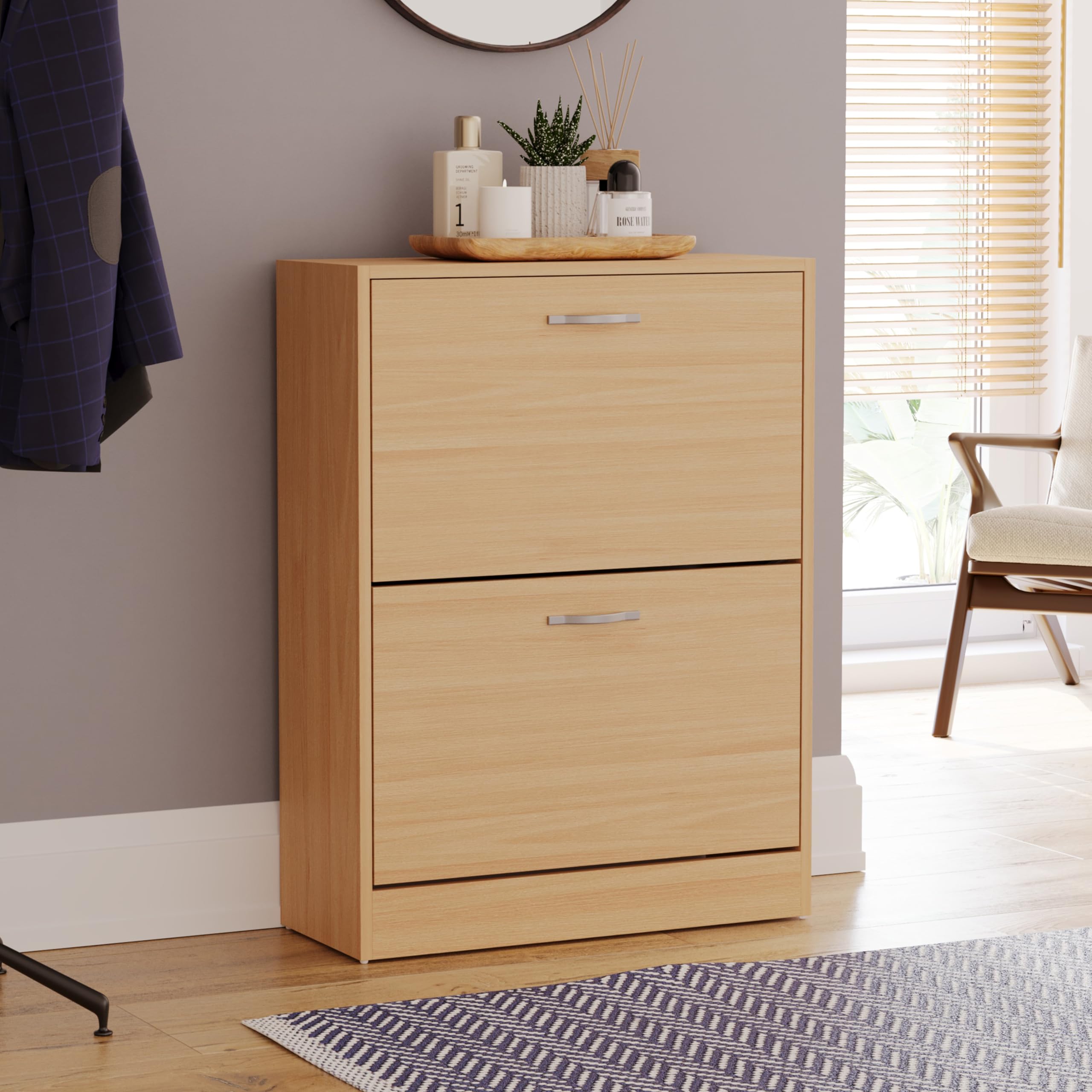 Vida Designs Shoe Cabinet, Wooden Shoe Storage Unit with 2 Pull-Down Drawers, Multifunctional Dust-Proof Space-Saving Slim Cupboard for Hallway or Entryway (Pine)