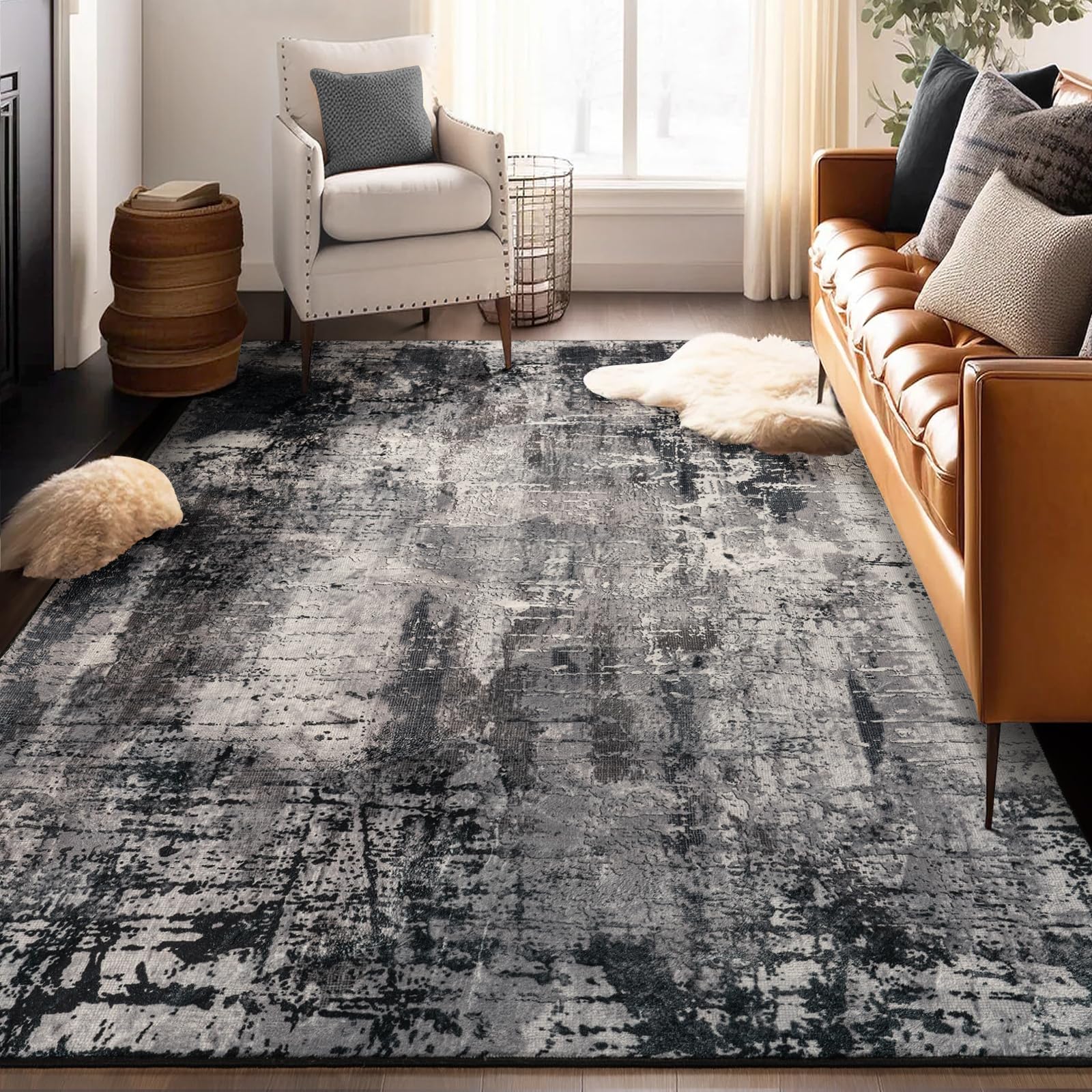 Photo 1 of Area Rug Living Room Rug, 4x6 Modern Abstract Washable Rug Black Non Slip Foldable Faux Wool Vintage Carpet, Fluffy Non-Shedding Rugs for Living Room, Bedroom, Dining Room, Kids Playroom