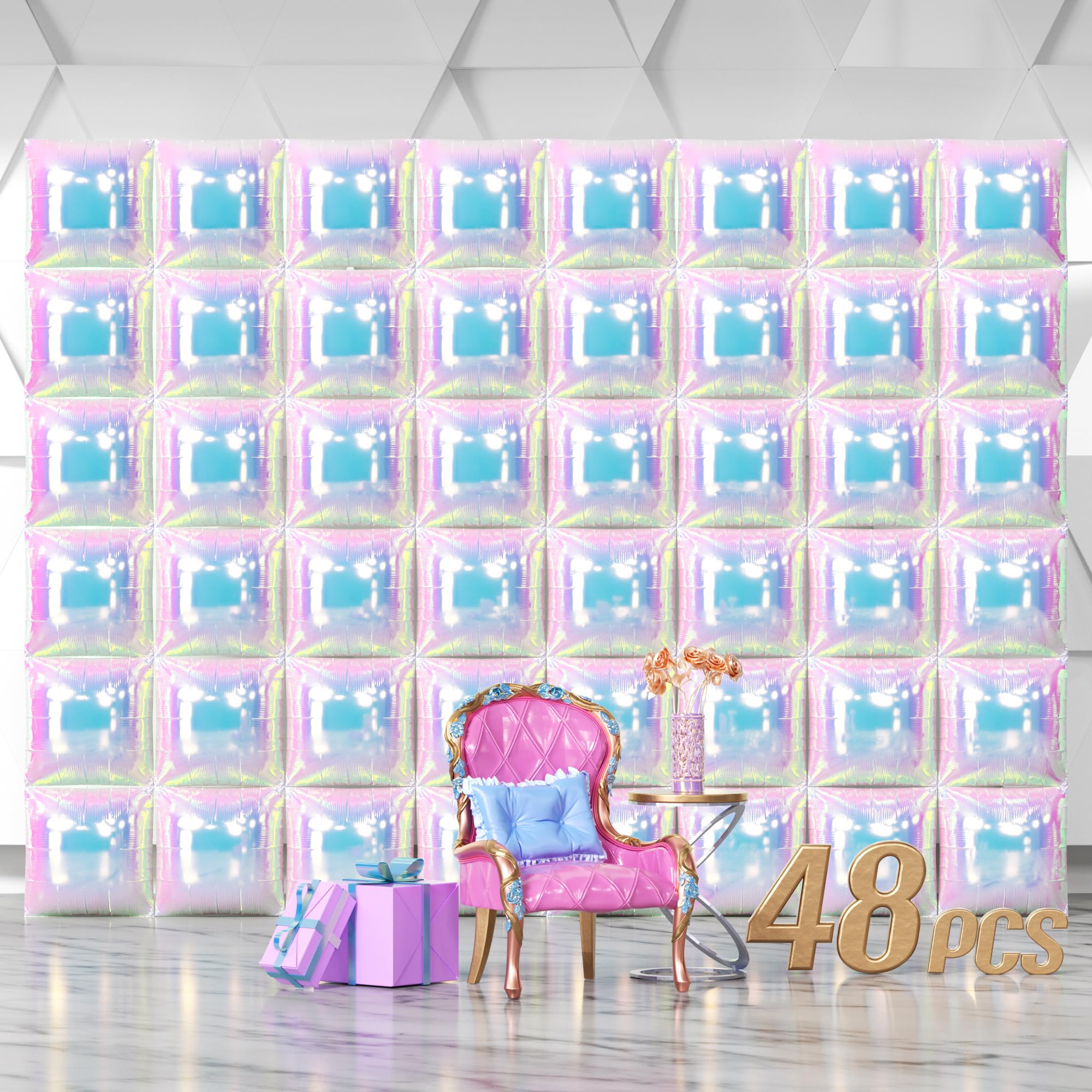 Photo 1 of NISOCY 48PCS Iridescent Square Foil Balloons Wall Backdrop Holographic Balloons Tunnel Garland Arch Kit for Birthday Wedding Graduation Bridal Baby Shower New Year Rainbow Party Decorations