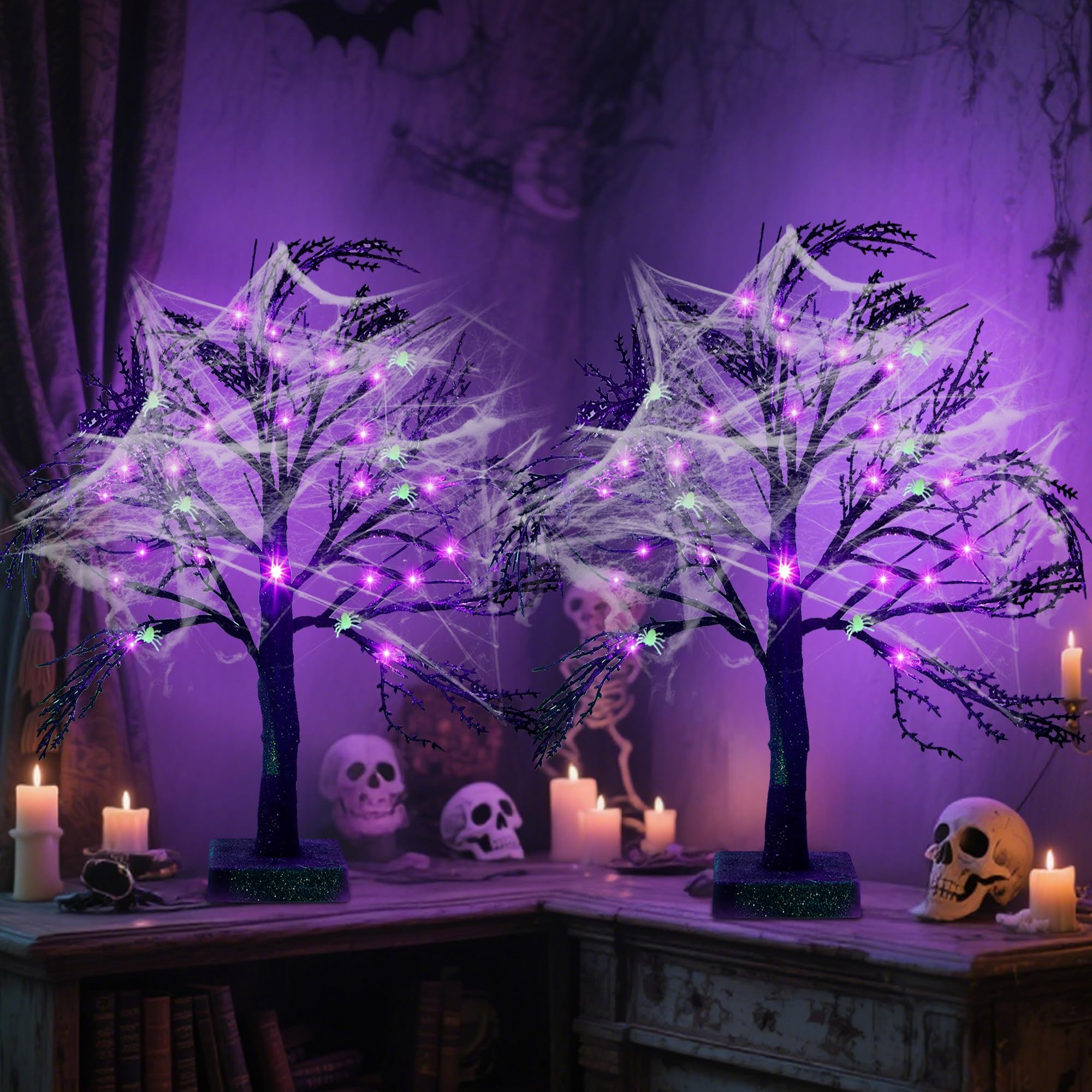 Photo 1 of Happy Trees 2 Pcs Halloween Black Spooky Tree with 24 LED Purple Lights, Spider Web and 10 Noctilucent Spiders,18" Artificial Tree Decoration with Timer for Indoor Tabletop Holiday Party