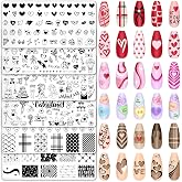 Whaline 6 Pcs Valentine's Day Nail Plates Stamping Set Stamp Templates Love Heart Bear Bow Nail Art Plates for DIY Print Manicure Salon Design