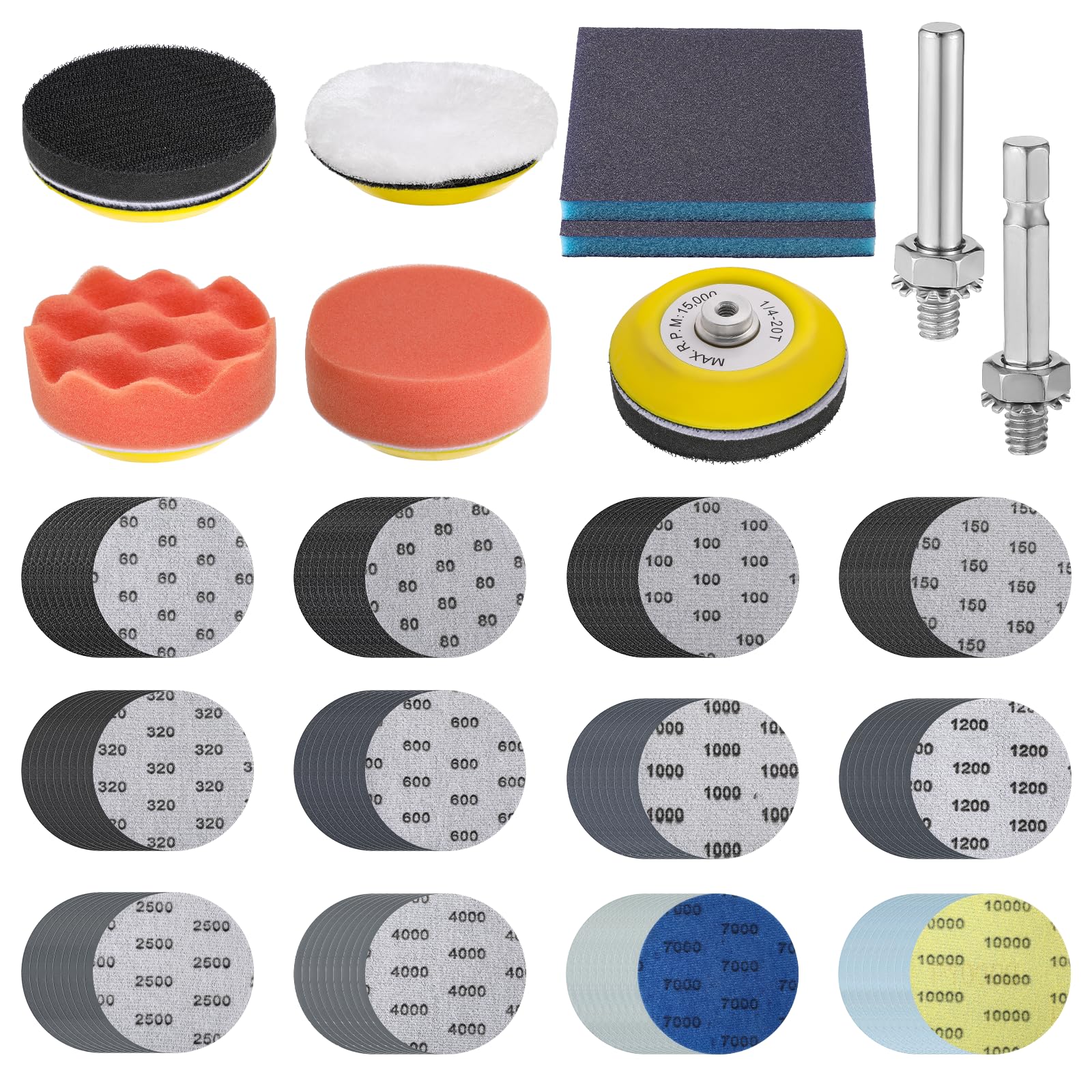 Photo 1 of 120Pcs 3 Inch Sandpaper Discs Sanding Disc Polishing Kit 60-10000 Grits Wet Dry Drill Sandpaper with 1/4 Inch Shank Backer Plate, Sanding Sponge, Soft Foam Buffering Pad, Drill Sander Attachment