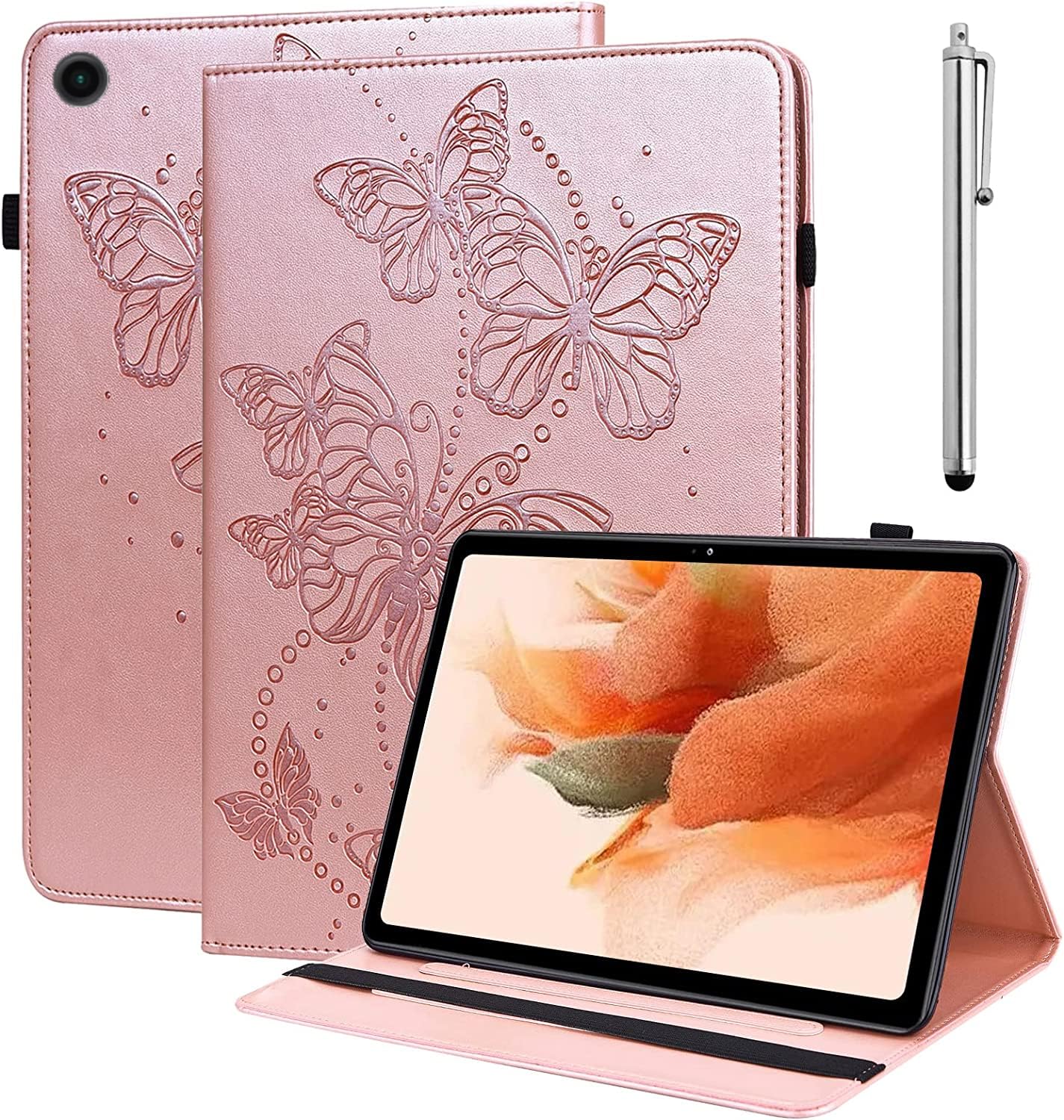 GLANDOTU Lenovo Tab M10 3rd Generation 2022 10.1 Inch Case, Fold Stand Function Cover, Butterfly Folio Flip PU Leather Tablet Case for Lenovo Tab M10 3rd Gen TB-328FU/TB-328XU(with Stylus pen)-Rose