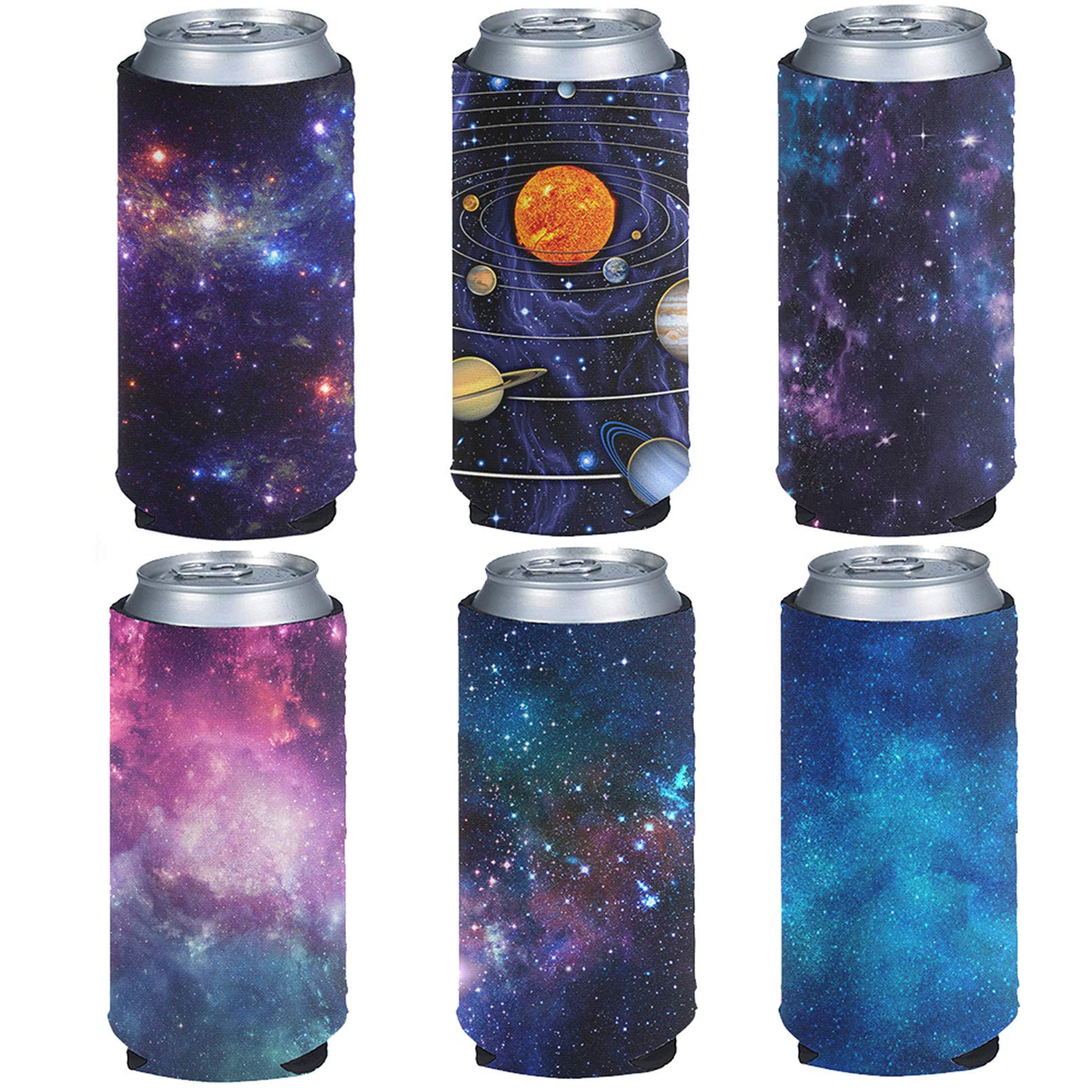 Pizding 6 Pack Galaxy Space Series Multi Blank Beer Can Coolers Holder Premium Quality Soft Drink Coolies Collapsible Insulators Standard for Cans, Great for Monograms,DIY Projects,Weddings,Parties