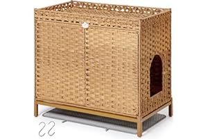 SETVSON Cat Litter Box Enclosure Furniture, Hidden Handwoven Rattan Litter Box with Mat, Large Cat House with Metal Heightened Feet, 30.3 x 18.3 x 28 Inches, Indoor for Living Room, Bedroom Natural