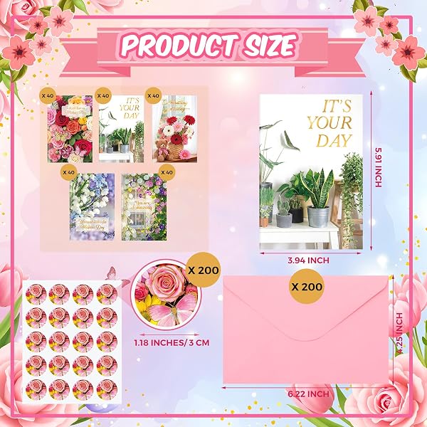 EAASTY 200 PACK MOTHER’S DAY GOLD FOIL GREETING CARDS BULK WITH PINK ENVELOPES AND STICKERS, BLANK INSIDE MOTHER’S DAY CARDS FOR MOM, CHURCH, BIRTHDAY AND FLORIST SUPPLIES