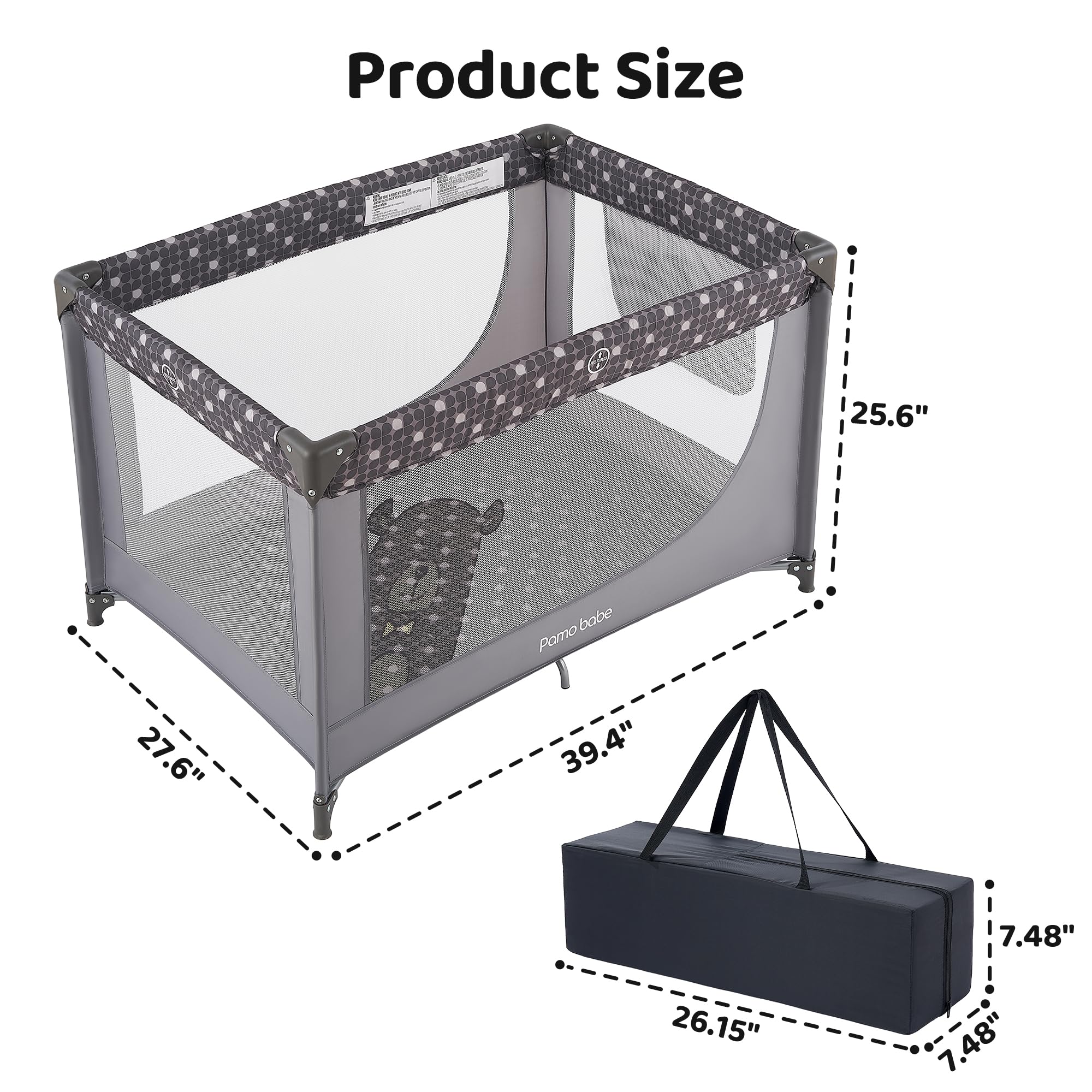 Pamo Babe Portable Crib Baby Playpen with Mattress and Carry Bag Grey