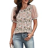 ATHMILE Womens Summer Tops Pleated Crew Neck T Shirts Swiss Dot Puff Sleeve Loose Casual Blouses Trendy Date Outfits