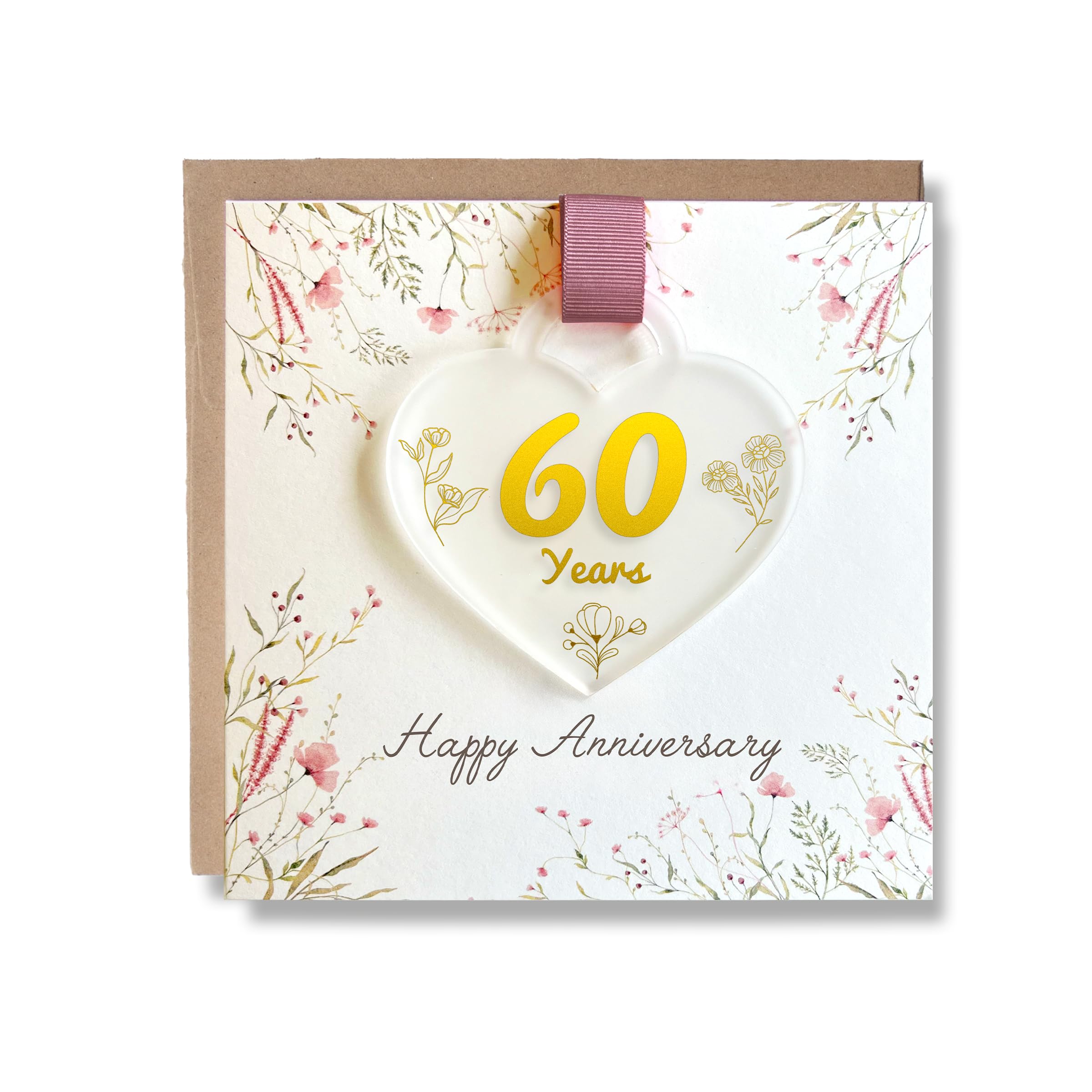 Pink Positive Luxury Anniversary Card with Keepsake for Couple - Gold, Silver, Ruby Wedding Anniversary Card - Foiled Keepsake Gift, Happy Anniversary (60 Years)