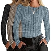 Oakgarden 3 Pack Women's Ribbed Sweaters Long Sleeve Crew Neck Fitted Tops Lightweight Pullover Sweater Thermal Undershirts