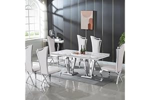 Henf White Marble Dining Table Set for 6, 7 Piece Modern Faux Marble Kitchen Dining Table and 6 White PU Leather Upholstered Chairs w/Stainless Steel Legs, Luxury Kitchen Dining Table and Chairs Set