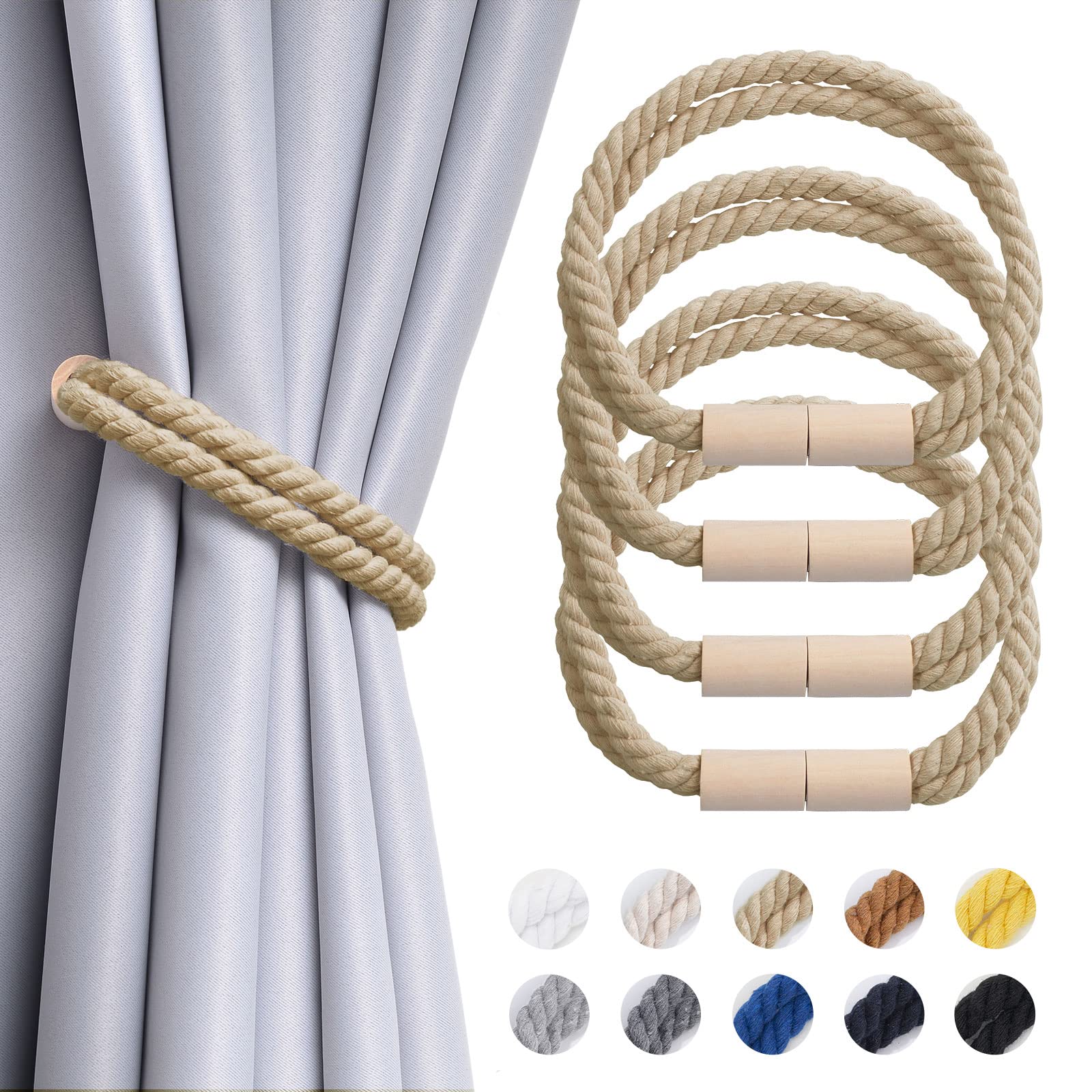 Pretty Jolly 4 Pack Strong Magnetic Curtain Tiebacks Boho Decoration Drape Tie Backs Natural Cotton Handmade Double Rope Curtain Holdbacks for Thin or Thick Home & Office Window Drapery (Dark Beige)