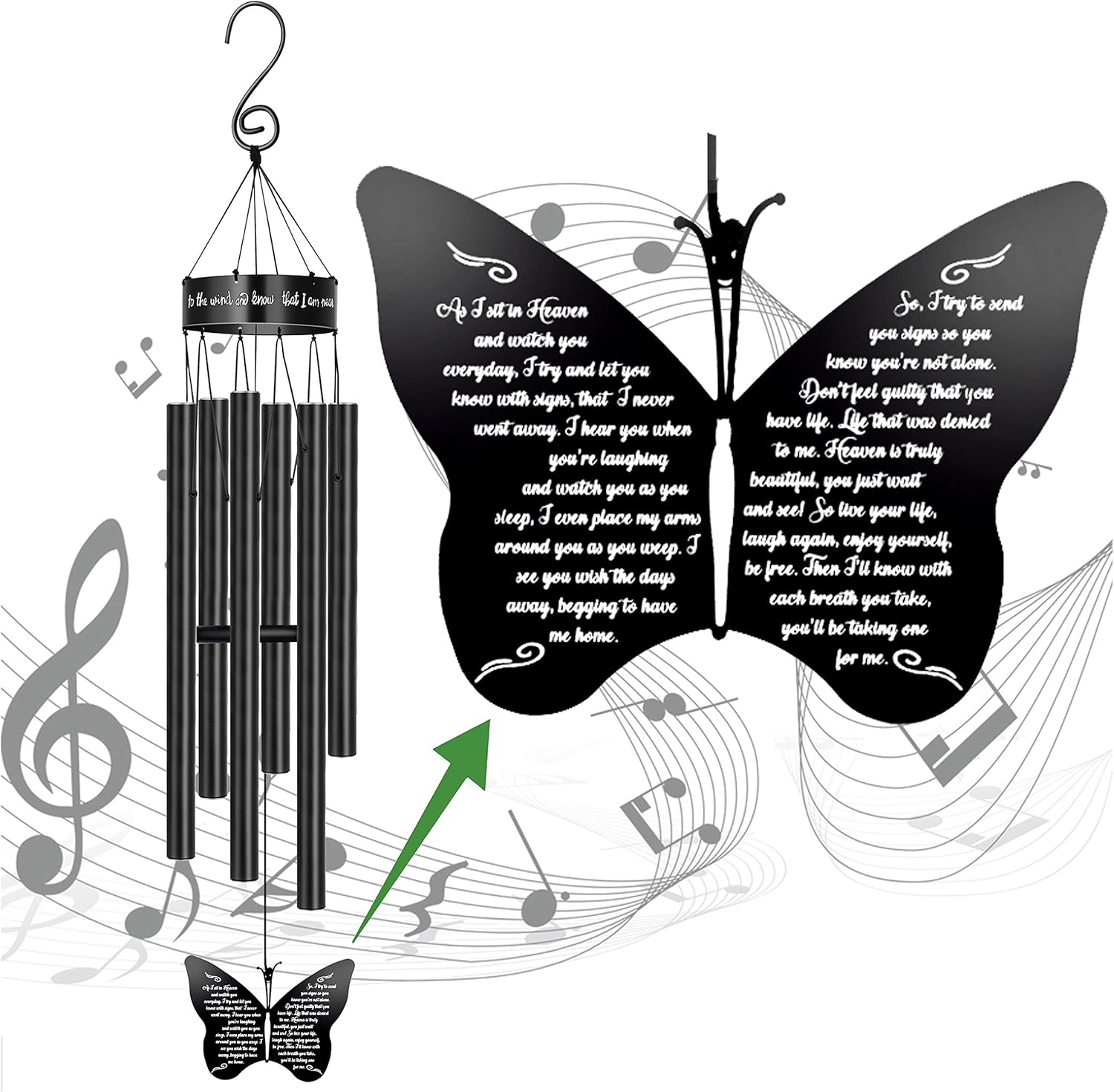MEMGIFT Memorial Butterfly Wind Chimes of Father Sympathy Gifts Loss of Mom Grandma Husband Outdoor Chimes for Patio Garden Porch Yard Black