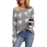 Tutorutor Womens Cute Love Heart Print Sweaters Oversized Off The Shoulder Loose Knitted Valentine Pullover Blouse Top