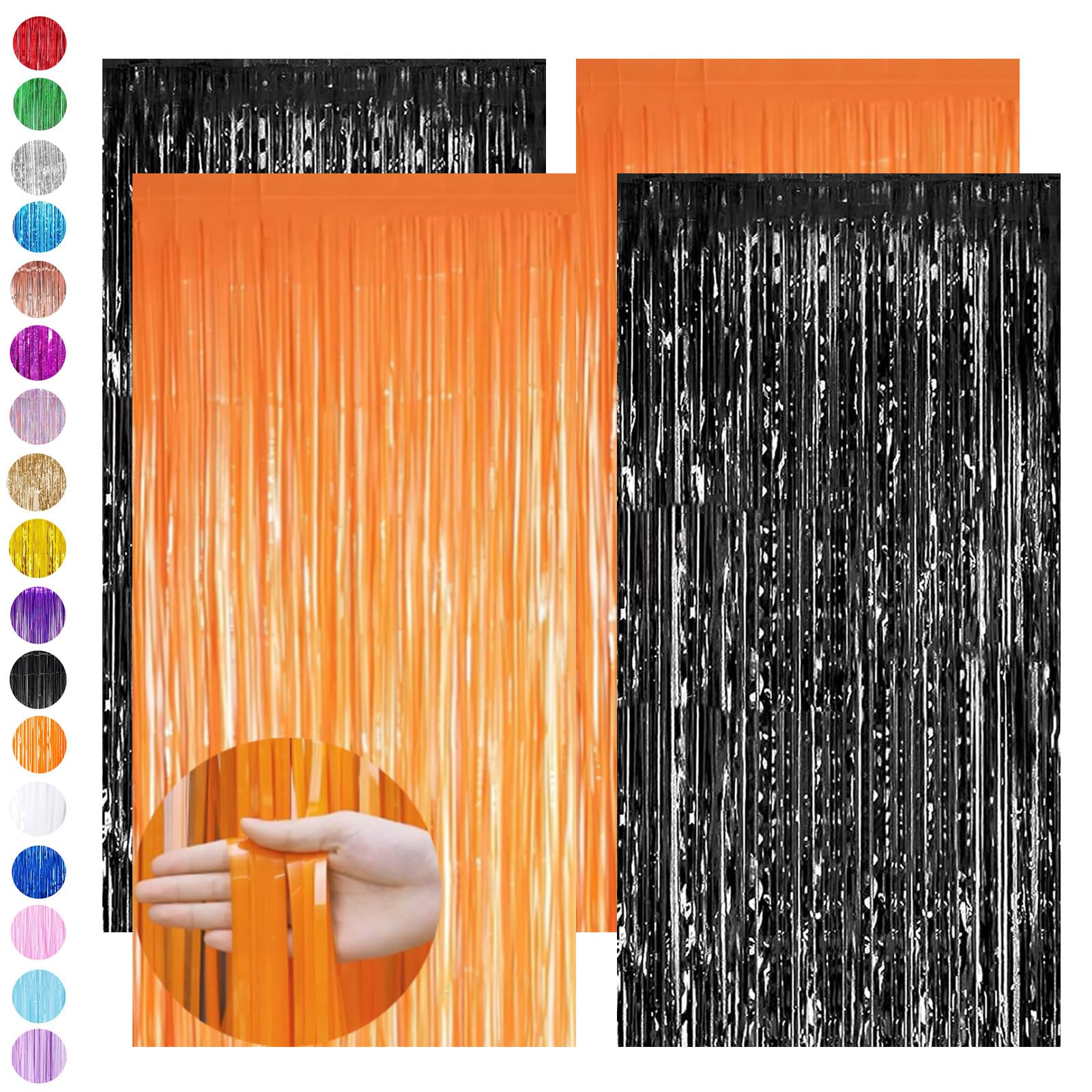 4P 3.2ft x 6.5ft Foil Curtain Halloween Decorations,Black Orange Tinsel Curtain Party Backdrop Glitter,Foil Fringe Streamers Metallic Tinsel Door Hanging Foil Flow Silk Streamers for Black Party