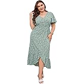 KOJOOIN Womens Plus Size Summer Dress Curvy Women V Neck Button Ruffle Hem High Low Maxi Dress