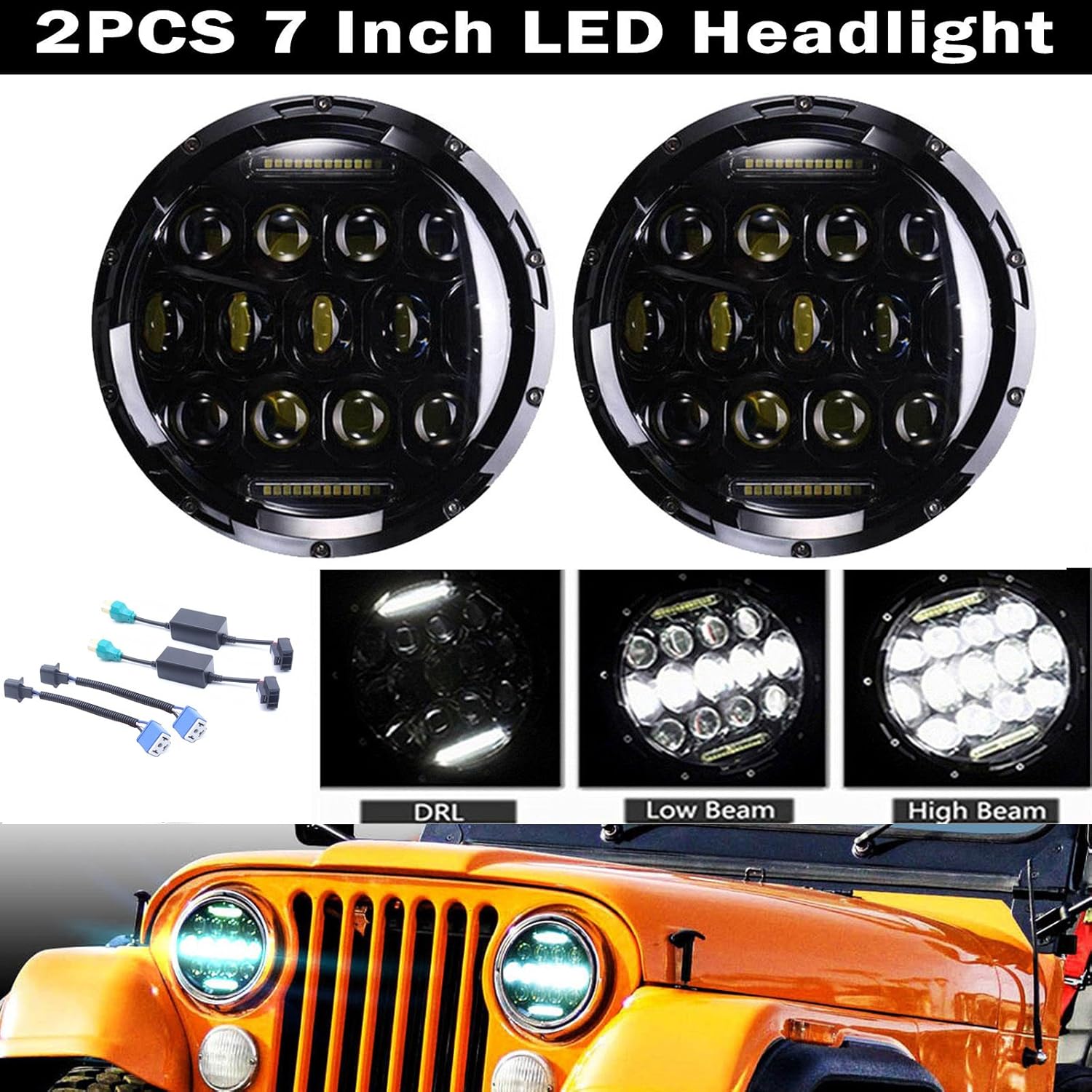 Pair LED Headlamp Round 7 Inch for CJ5 2DR 19601983 DRL