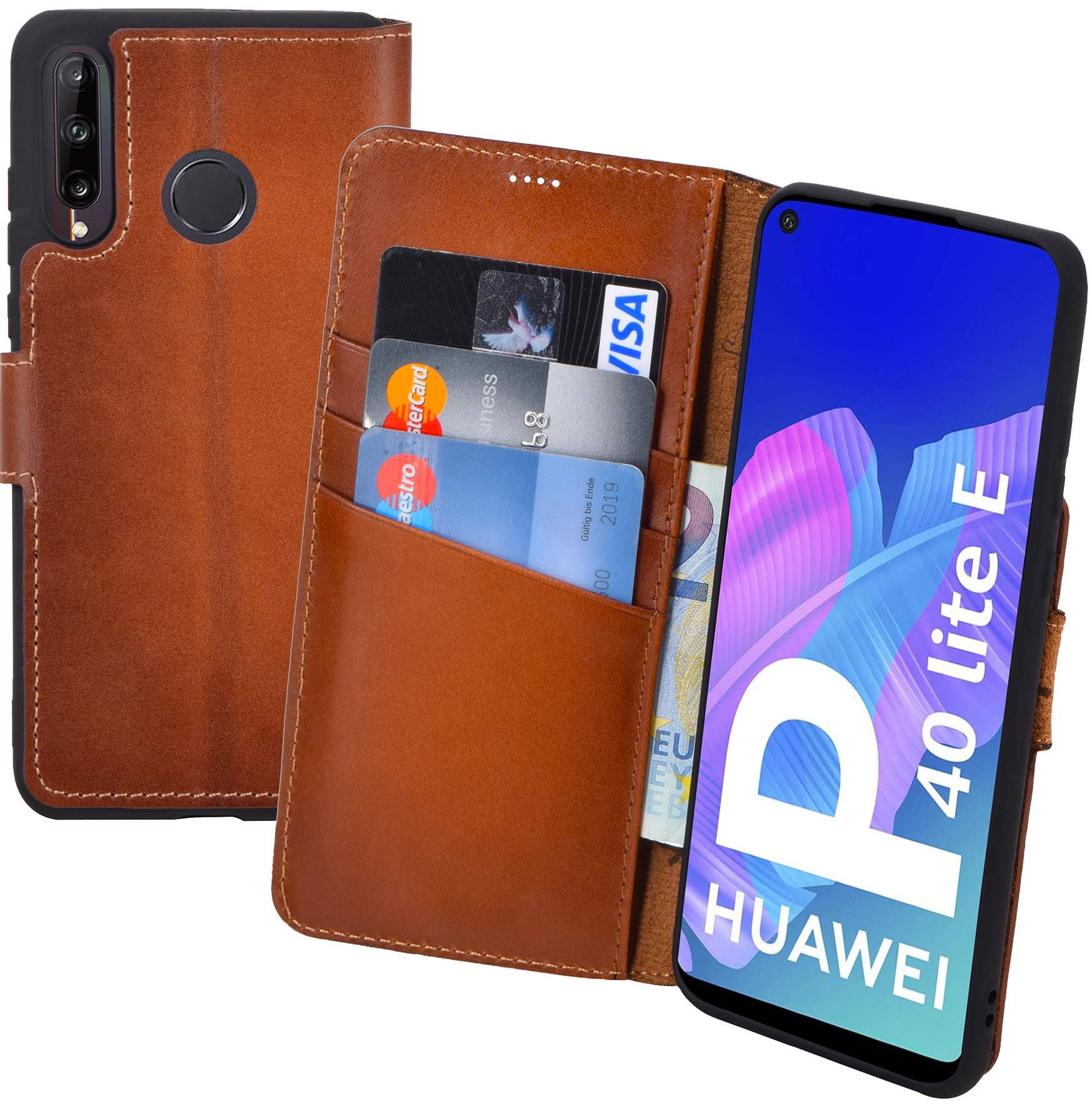 Suncase Book-Style Case compatible with Huawei P40 Lite E Leather Case (Slim-Fit) Leather Case Cell Phone Case Protective Case with 3 Card Slots in Burnt-Cognac