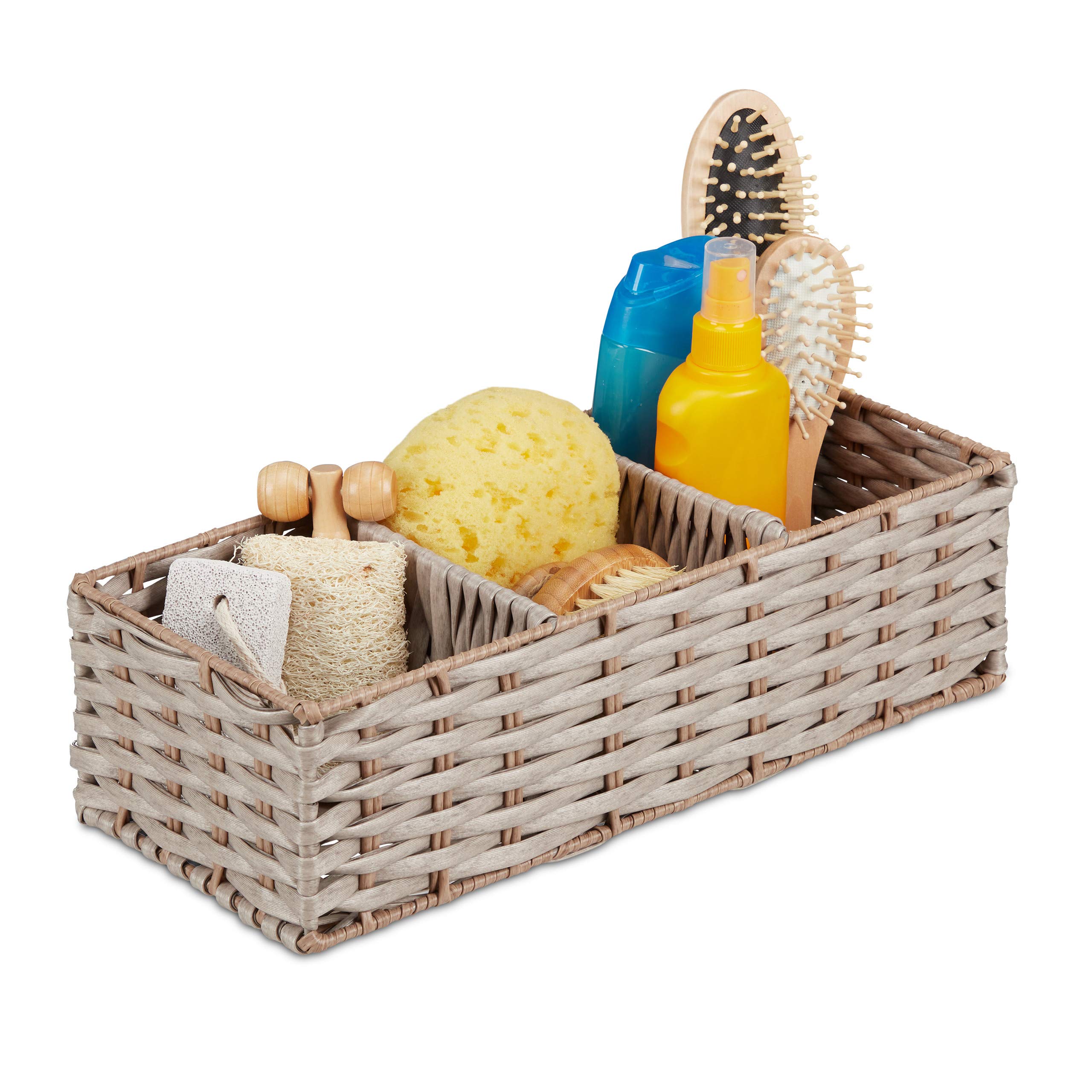 Relaxdays Storage Basket, 3 Compartments, Wicker Design, Bathroom Organiser, Plastic Box, 11 x 36.5 x 15.5 cm, Brown