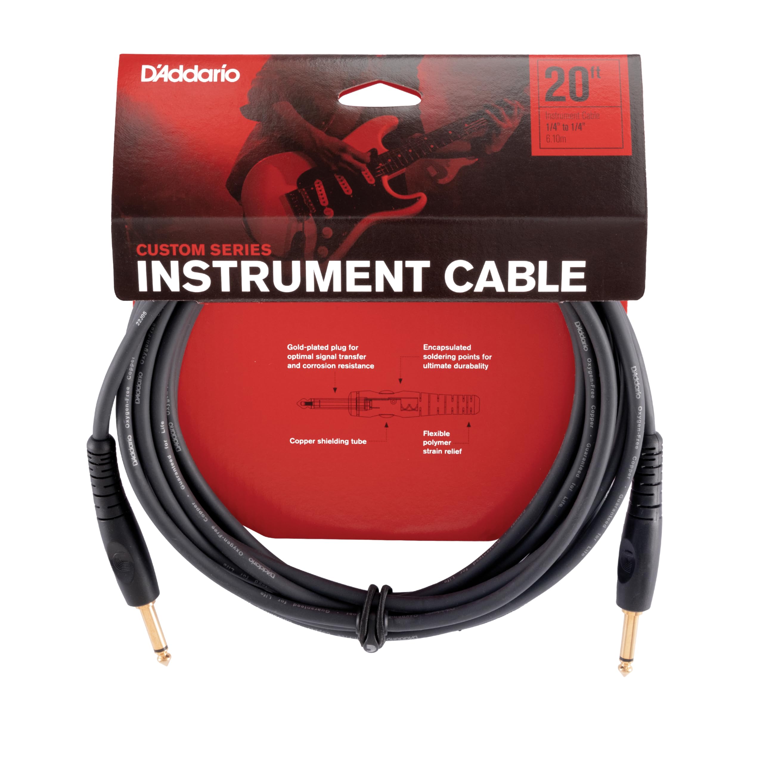 D’Addario Accessories Custom Series Guitar Cables - Instrument Cable with ¼ Inch Ends - High Performance Guitar Cord - For Guitars, Bass, Keyboards - Mono - Straight End, 20 feet — image 1