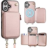 Bocasal for MagSafe Crossbody Wallet Case Compatible with iPhone 16, RFID Blocking Protective Purse Case with Card Slots Holder Kickstand Wrist Strap Lanyard Zipper 6.1 Inch 5G (Rose Gold)