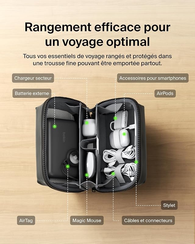 Trousse de Rangement, pour Appareils Mobiles, Câbles et Accessoires, iPhone, Batterie Externe, Chargeur Secteur, Apple Pencil, AirTag, déplacements ou Voyages, Tissu Doux au Toucher et Durable