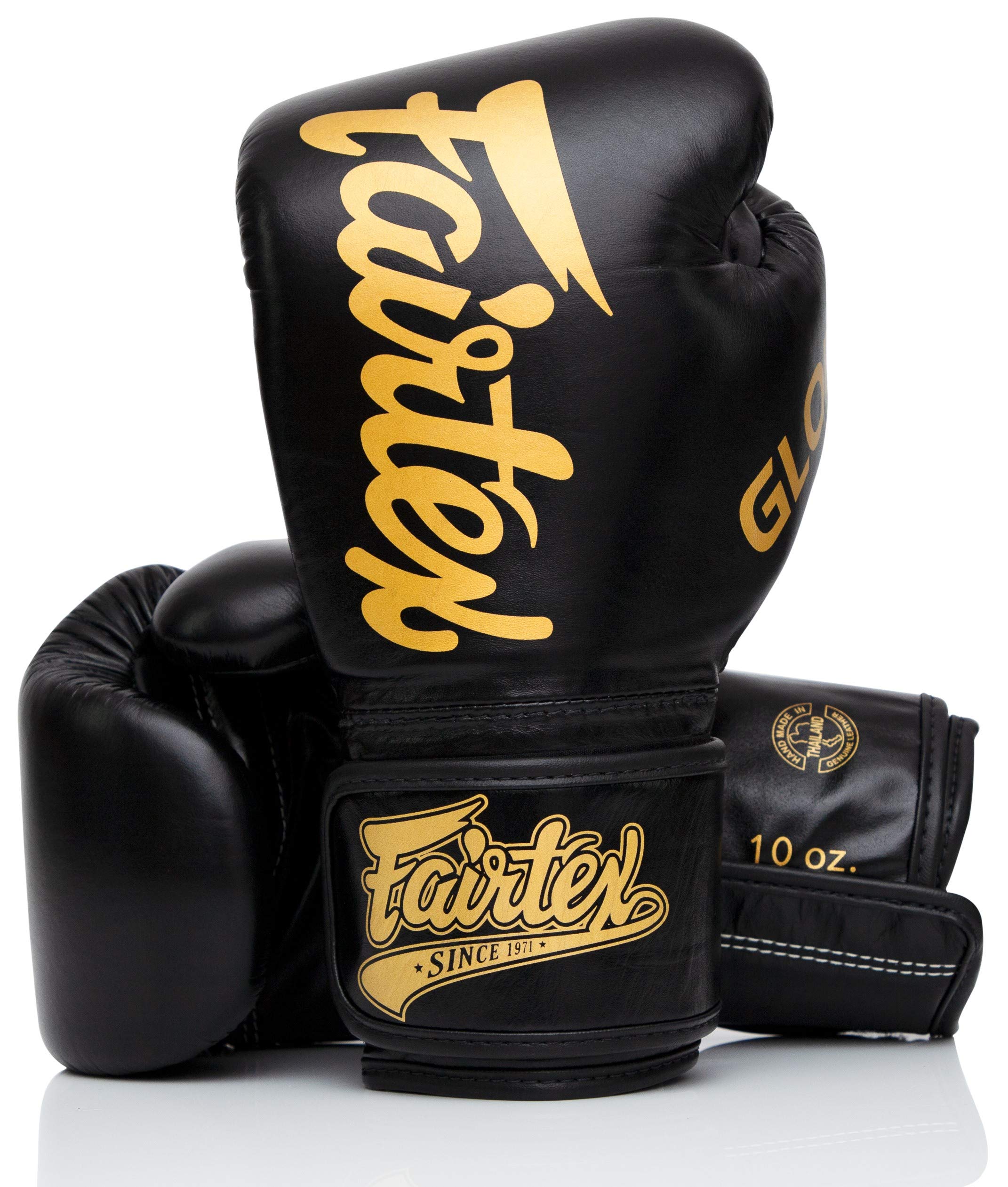 Guantes de entrenamiento Fairtex Glory - Guantes de boxeo y MMA de cuero de primera calidad | Hechos a mano en Tailandia - Acolchado de espuma que absorbe los golpes | Ideal para kickboxing, sparring y competición (negro BGVG1, 12 oz)
