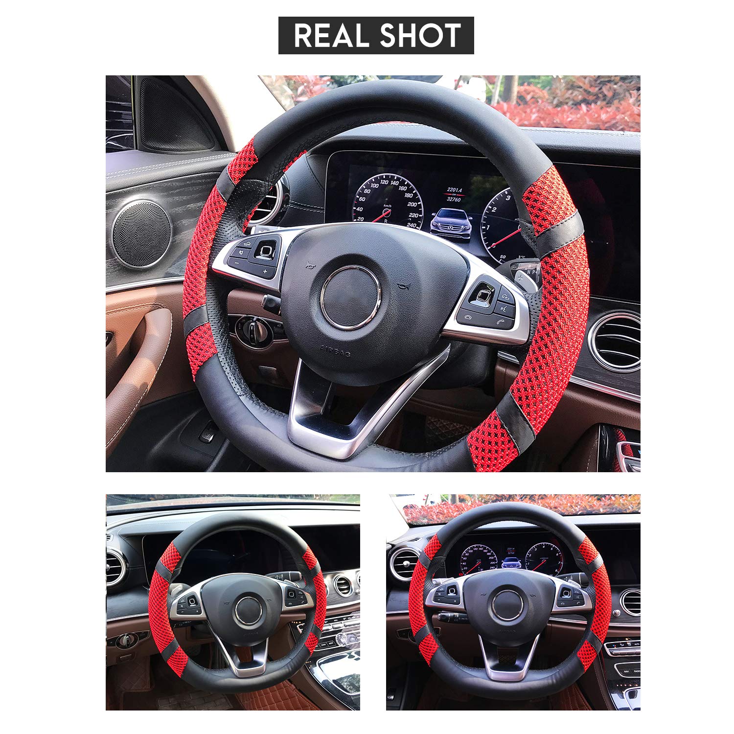 BOKIN Steering Wheel Cover Microfiber Leather Viscose, Breathable, Anti-Slip, Odorless, Warm in Winter Cool in Summer, Universal 15 Inches (Red)