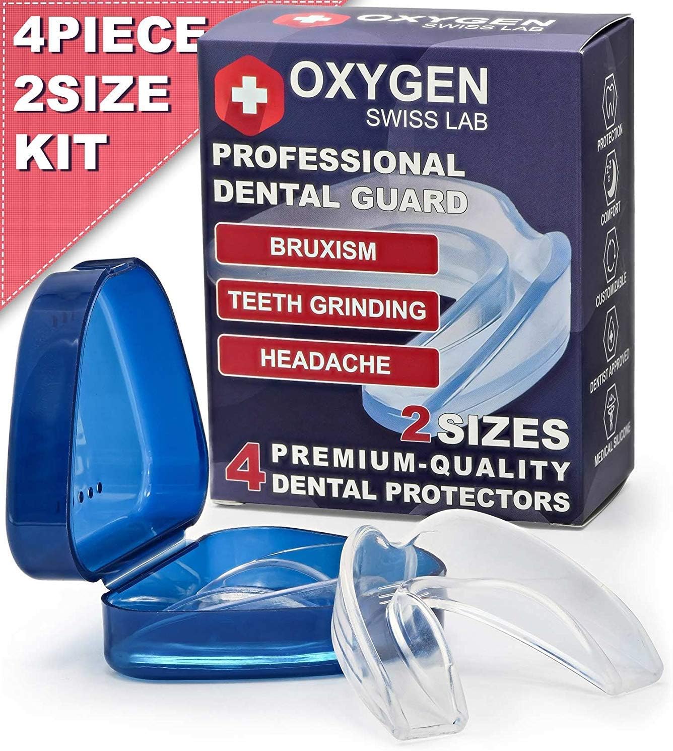 Swiss Lab Pro Moldable Dental Guard for Teeth Grinding, Clenching, Bruxism, TMJ, Athletes, 4 Medical Silicone Mouth Night Guards, Anti-Bacterial Case: Health & Personal Care