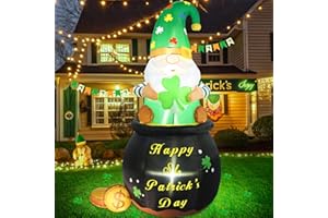 Buheco St Patricks Day Inflatables Outdoor Decorations 5ft Large Cute Blow Up Leprechaun Inflatable Gnome Sitting on Gold Pot Shamrocks Led Lights Saint Irish Outside Yard Lawn Indoor Vacation Décor