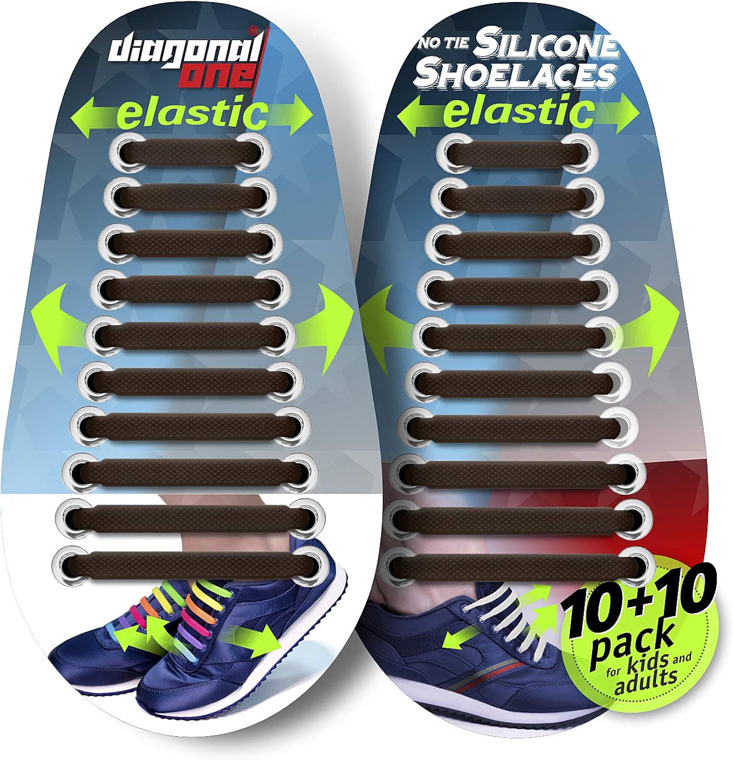 DIAGONAL ONE No Tie Shoelaces for Kids and Adults. Elastic Silicone Shoe Laces to Replace Your Shoe Strings. 20 Slip On Tieless Flat Silicon Sneakers Laces