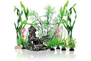 PIETYPET Fish Tank Accessories Aquarium Decorations Plants, 9pcs Green Fish Tank Decorations Plants and Cave Rock Decoration Decor Set, Aquarium Decor Plastic Plants