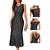 BeryLove Formal Wedding Guest Formal Sequin Long Bodycon Homecoming Dress | Off Shoulder Sexy Birthday Party Cocktail Tie Back Sleeveless Long Bridesmaid Sparkly Vintage Fitted Event Night Gown