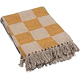 Creative Co-Op Woven Cotton Blend Throw with Checkered Pattern and Fringe, Yellow, Blue and Natural