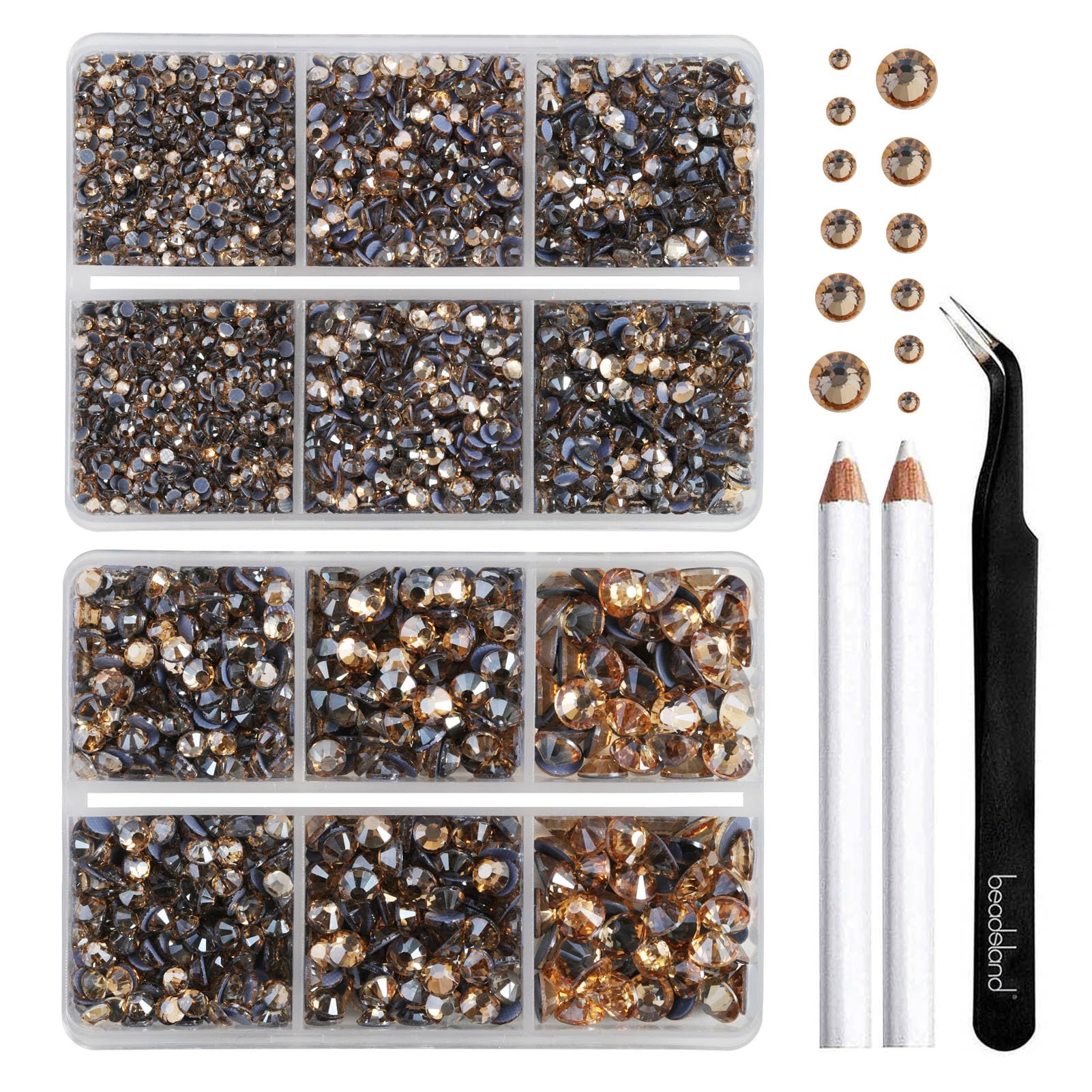 BEADSLAND Hotfix Rhinestones,6080PCS Gold Rhinestones for Clothes Crafts Mixed 6 Sizes with Wax Pencil and Tweezers Kit,SS6-SS30,Golden Shadow