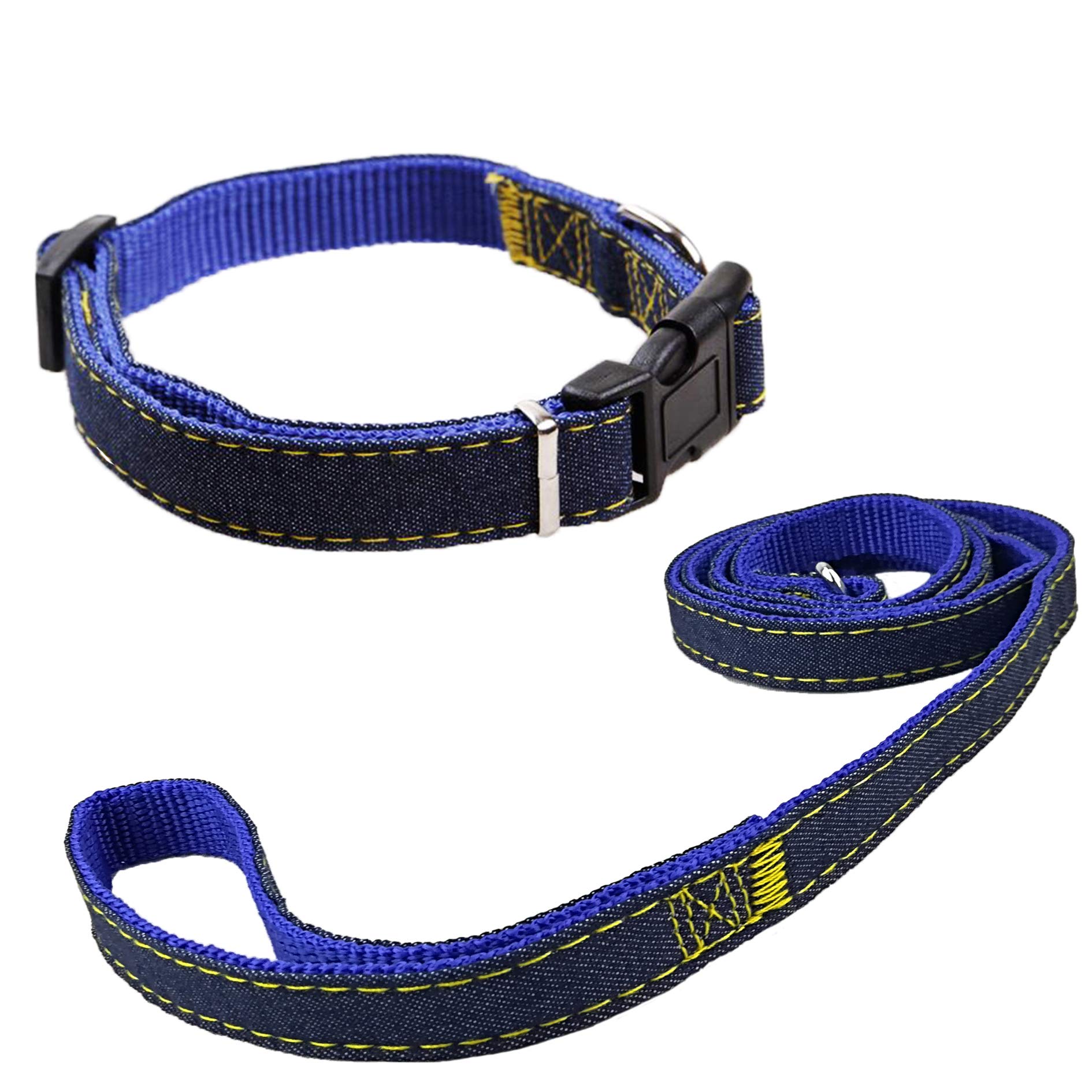 Newtensina Fashion Dogs Collar and Leash Set Denim Cloth Puppy Collar with Leashes for Dogs - Blue - M