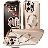 GolbinBox Magnetic for iPhone 16 Pro Case with Stand, [Compatible with MagSafe], Camera Control Capture Button, 16FT Military-Grade Protection, Shockproof Slim Phone Case 6.3"(Rose Gold/Clear)