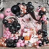 Halloween Balloon Arch Garland Kit, Black Pink Rose Gold Spider Foil Balloons with 3D Bat Stickers and Spider Webs for Girls Halloween Party Spooky Birthday Day Party Decorations