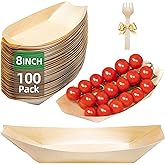 Suwodpak 100-Pack Wooden Disposable Plates 8 IN Boat Plates Food Trays Disposable Dessert Plates Disposable Food Boats for Party Weddings Picnic (Actual Size Used: 4.72" D x 2.76" W x 0.87" H)