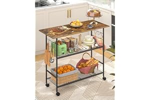 THREEHIO Kitchen Island with 3 Shelves, Rolling Kitchen Cart with 6 Hooks and Protective Shelf, Microwave Stand on Lockable Wheels, Bakers Rack Coffee Bar for Dining, Living Room, Outdoor, Metal Frame