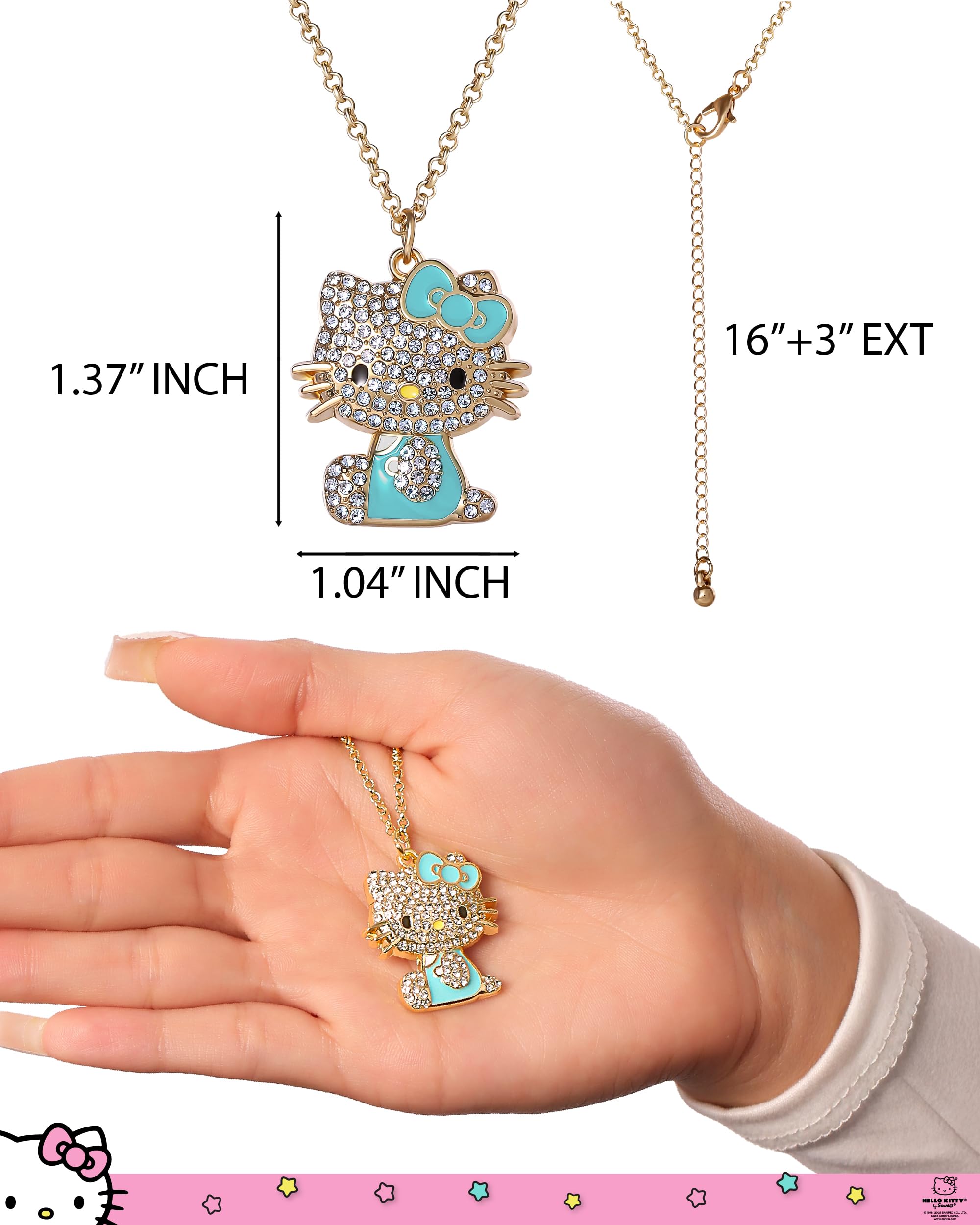 SALLY ROSE Hello Kitty Aqua Green Enamel and Pave Crystal Necklace Official License, Gold Plated 16+3 Hello Kitty Necklace, Sanrio Gifts