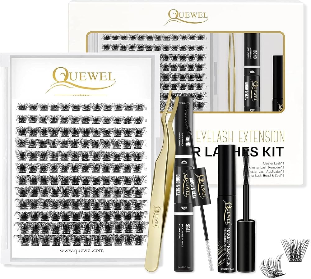 QUEWEL DIY Eyelash Extensions Kit 144 Cluster Lashes Bond Seal Tweezer Remover