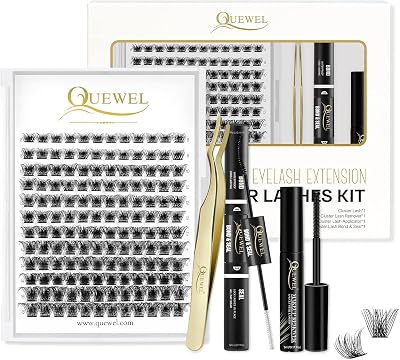 QUEWEL DIY Eyelash Extensions Kit 144 Cluster Lashes Bond Seal Tweezer Remover