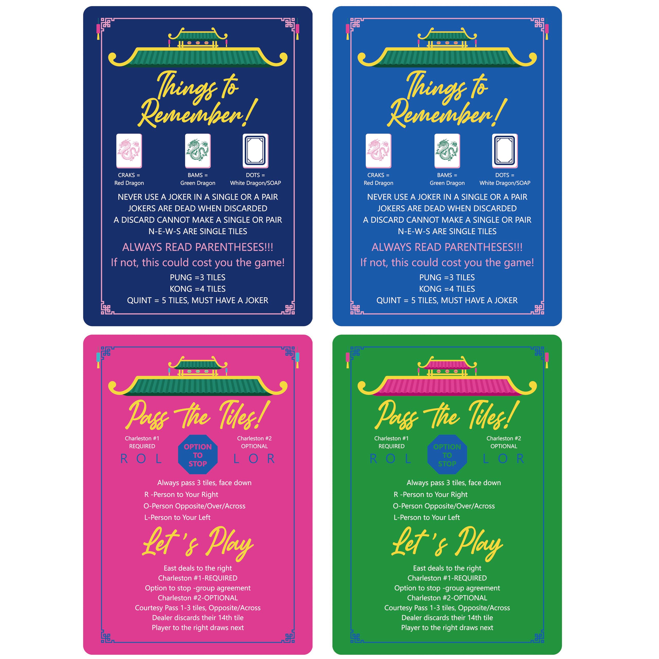 BrightRow 4 Pcs Mahjong Shuffler Cards for Tiles Mixing & Shuffling Portable Mah Jong Accessories Gift Party Supplies Waterproof Rules Printed Mixer 7 x 5 in for Tiles Lover(Dark,Linear,City Tower)