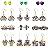 Vogueknock 9/12Pairs Mardi Gras Earrings Glitter Mask Fleur De Lis Crown Drop Dangle Earrings Carnival Stud Earrings Set Fat Tuesday Parade Party Accessory Gifts