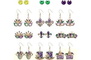 Vogueknock 9/12Pairs Mardi Gras Earrings Glitter Mask Fleur De Lis Crown Drop Dangle Earrings Carnival Stud Earrings Set Fat Tuesday Parade Party Accessory Gifts