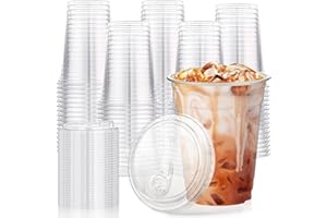 50 PCS Plastic Cups with Strawless Sip Lids, 16 oz Disposable Plastic Iced Coffee Cup with Lids, Crystal Clear to Go Drinking