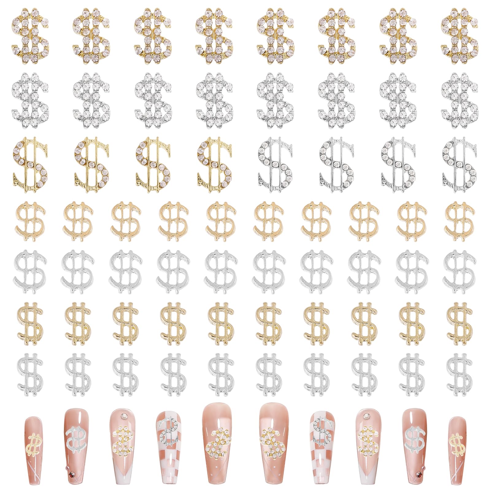 CHGCRAFT 64PCS Dollar Sign Nail Art Charms with Cubic Zirconia Nail Art Decoration Nail Art Charms 3D Nail Supplies Nail Art Charms For Nail Art Decoration Jewelry Accessories DIY Crafts