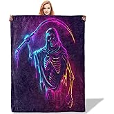 Plistiz Neon Grim Reaper Throw Blanket 50x60, Bold Halloween Design Blankets for Living Room Decor, Plush Flannel Polyester Spooky Gifts for Horror Enthusiasts and Adults