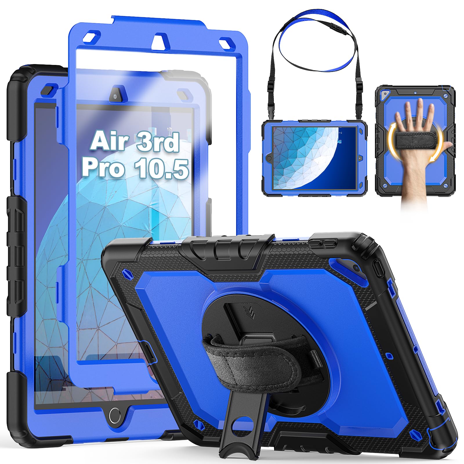 SEYMCY Case for iPad Air 3rd Generation 2019/ iPad Pro 10.5 inch Case 2017, Full-body Shockproof with Screen Protector, 360° Rotating Hand Strap & Stand, Pencil Holder, Shoulder Strap, Blue — image 1
